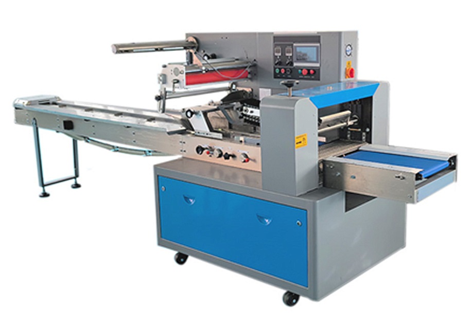 Горизонтальная упаковочная машина Hualian Machinery DXDZ-600D (3 сервопривода, рег. форм. 100-250 мм, мин. пакет Д-150 мм, шаг толкателей 450 мм, В-120 мм, трансп.попереч.запайки)