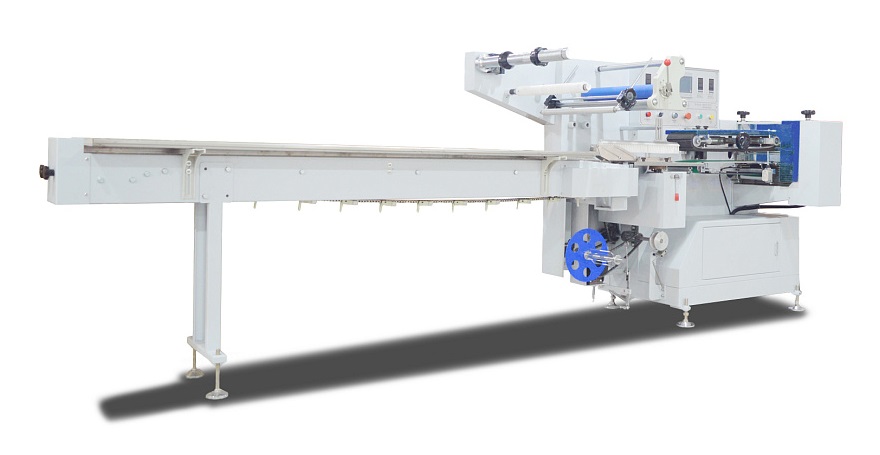 Горизонтальная упаковочная машина Hualian Machinery DXDZ-590A/180 для ПОФ (3 сервопривода, пакет Д. 150-350 мм, шаг толкателей 330 мм, пакет Ш. 30-180 мм, В 30-105 мм)