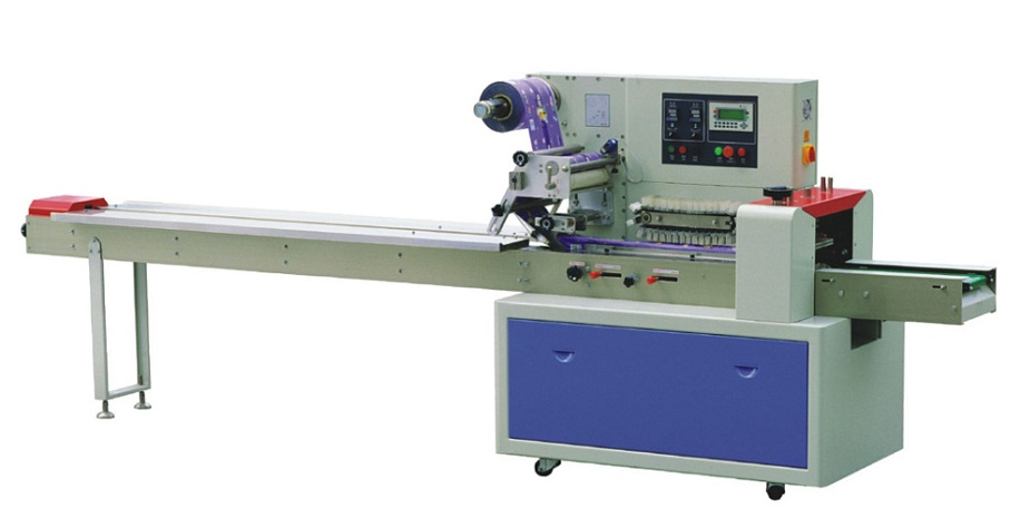 Горизонтальная упаковочная машина Hualian Machinery DXDZ-450B (3 сервопривода., В-100 мм, пакет Д. 130-450 мм, шаг толкателей 400 мм, 50-180 мм, краш., транспортер поперечной запайки, рег. формирователь, еврослот)
